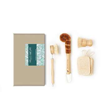 Plant-Based 6pcs Kitchen Brush Set by HELLO NATURE, Sustainable & Biodegradable Natural Fibre Bamboo Dish Brush,Bottle Brush,Pot Brush & 3 Natural Loofah Sponges, Zero-Waste,Plastic Free Kitchen Set