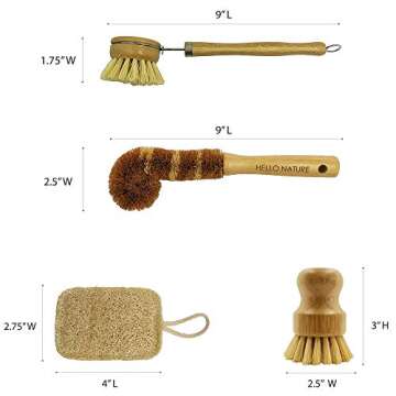 Plant-Based 6pcs Kitchen Brush Set by HELLO NATURE, Sustainable & Biodegradable Natural Fibre Bamboo Dish Brush,Bottle Brush,Pot Brush & 3 Natural Loofah Sponges, Zero-Waste,Plastic Free Kitchen Set