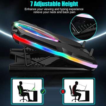 Laptop Cooling Pad, Gaming Laptop Cooler with 5 Quiet Fans and Colorful RGB Light(One Click colse), Laptop Fan Cooling Pad Fits 12-17 Inch Laptop, USB Port Powered, 7 Adjustable Height