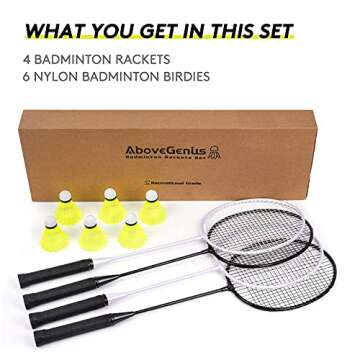 AboveGenius Badminton Rackets Set with 6 Shuttlecocks, Lightweight Badminton Set of 4 for Outdoor Backyard Games, Racquets with Durability for Beginners and Casual Players