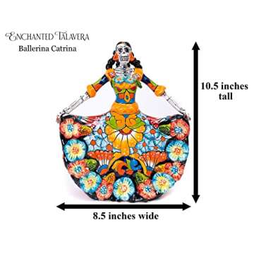 Enchanted Talavera Mexican Talavera Authentic Signed Mexican Dia De Los Muertos Ceramic Handpainted Art Catrina Day of The Dead Figurine Halloween Skull Decor (Ballerina 10.5" T x 8.5" W)