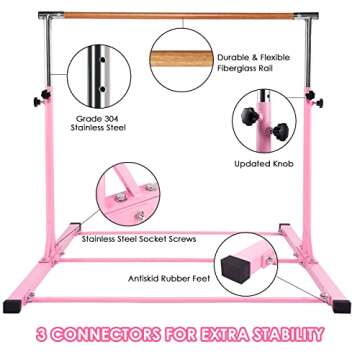 Dai&F Gymnastics Bar for Kids, Adjustable Height 3'-5' Junior Gymnastics Bars for Home, Horizontal Training Bar with Fiberglass Rail & Stainless Steel Regulating Arms