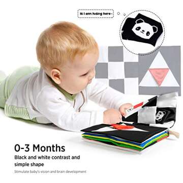 beiens Baby Books Toys, High Contrast Black and White Books Non Toxic Fabric Touch and Feel Crinkle Cloth Books Early Educational Stimulation Toys for Infants Toddlers, Baby Gift Soft Toys Mirror