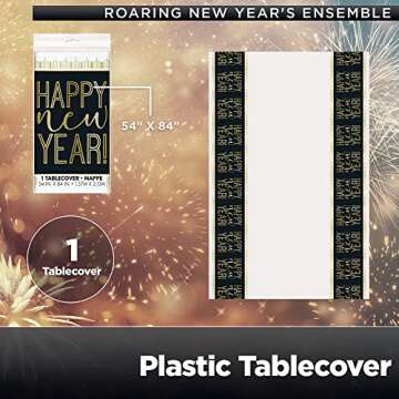 Unique Roaring Happy New Year! Dinnerware Party Bundle for 8 - Table Cover, 16 Luncheon & Beverage Napkins, 8 Dinner & Dessert Plates - Gold Black New Years Decorations Paper Set Supplies Disposable