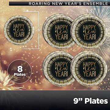 Unique Roaring Happy New Year! Dinnerware Party Bundle for 8 - Table Cover, 16 Luncheon & Beverage Napkins, 8 Dinner & Dessert Plates - Gold Black New Years Decorations Paper Set Supplies Disposable