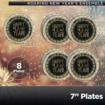 Unique Roaring Happy New Year! Dinnerware Party Bundle for 8 - Table Cover, 16 Luncheon & Beverage Napkins, 8 Dinner & Dessert Plates - Gold Black New Years Decorations Paper Set Supplies Disposable