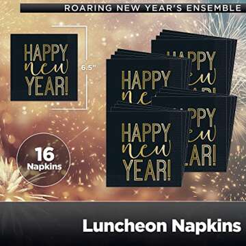 Unique Roaring Happy New Year! Dinnerware Party Bundle for 8 - Table Cover, 16 Luncheon & Beverage Napkins, 8 Dinner & Dessert Plates - Gold Black New Years Decorations Paper Set Supplies Disposable