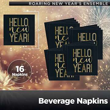 Unique Roaring Happy New Year! Dinnerware Party Bundle for 8 - Table Cover, 16 Luncheon & Beverage Napkins, 8 Dinner & Dessert Plates - Gold Black New Years Decorations Paper Set Supplies Disposable