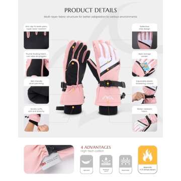 Ski Gloves for Men Women - Winter Snow Gloves Windproof & Waterproof for Cold Weather, Thinsulate Warm Snow Sports Gloves with Pocket Skiing Snowboarding Snowmobile Gloves for Adult Youth Pink L