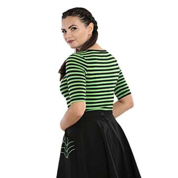 Hell Bunny Warlock Striped Punk Retro Jersey Top - Black & Green (XS)