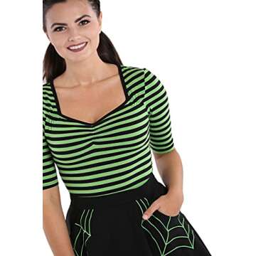 Hell Bunny Warlock Striped Punk Retro Jersey Top - Black & Green (XS)