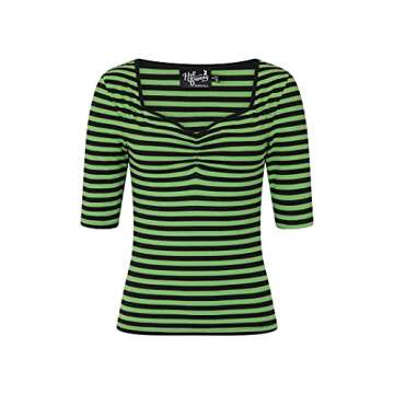 Hell Bunny Warlock Striped Punk Retro Jersey Top - Black & Green (XS)