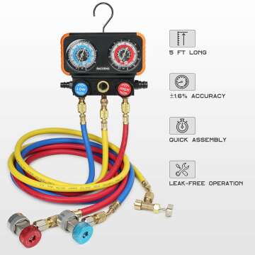 BACOENG HVAC Gauges with Hoses Set for R134A R410A R404A and R22, AC Gauges with Anti-Shock Pressure Gauge Works on Car Freon Charging and Air Conditioning, with Couplers & Adapter, Black Case