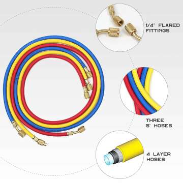 BACOENG HVAC Gauges with Hoses Set for R134A R410A R404A and R22, AC Gauges with Anti-Shock Pressure Gauge Works on Car Freon Charging and Air Conditioning, with Couplers & Adapter, Black Case