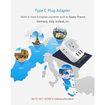 TESSAN European Travel Plug Adapter 2 Pack, US to Europe Power Adapter with 4 AC Outlets and 3 USB, Euro Charger Adaptor Type C for USA to EU Spain France Iceland Italy Germany Greece