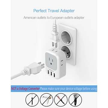 TESSAN European Travel Plug Adapter 2 Pack, US to Europe Power Adapter with 4 AC Outlets and 3 USB, Euro Charger Adaptor Type C for USA to EU Spain France Iceland Italy Germany Greece