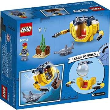 LEGO City Ocean Mini-Submarine 60263, Underwater Playset, Featuring a Toy Submarine, Pirate Treasure Chest, Hammerhead Shark Figure and a Pilot Minifigure, Great Gift for Kids (41 Pieces)