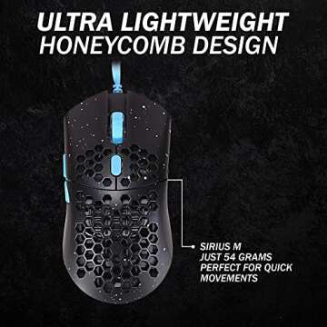 HK Gaming Sirius M Ultra Lightweight Honeycomb Shell Gaming Mouse | 54 Grams | 16000 cpi | USB Wired | 6 programmable Buttons | On-Board Memory | Anti Slip Grips | Sirius-M 16000cpi Phantom