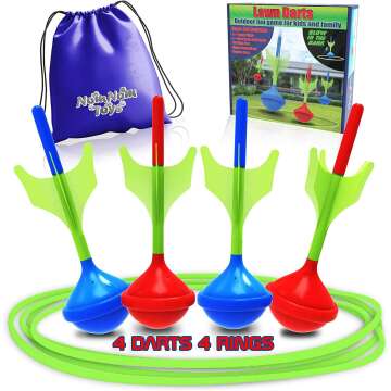 NOMNOM TOYS, Glow in The Dark Lawn Darts Game. Fun Outdoor Game for Family & Kids. 4 Target Rings, 4 Soft Tip Safe Lawn Darts, Drawstring Carrying Bag. Ring Toss Yard Game Gift for Adult & Teenagers