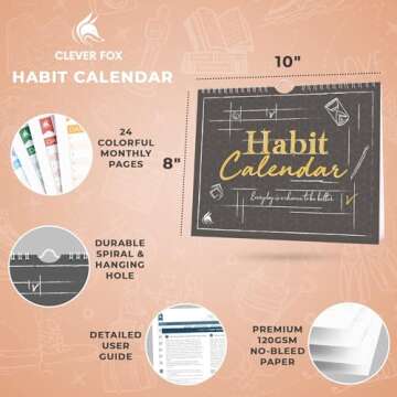 Clever Fox Habit Tracker Calendar – Inspirational Goal Tracker and Habit Calendar for Atomic Habits – Colorful Habit & Goal Planner Journal to Boost Productivity – 24 Months, 10″ x 8″ (Black)