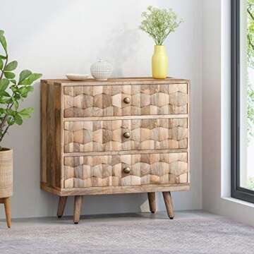 Great Deal Furniture GDFStudio Mid-Century Modern Mango Wood 3 Drawer Chest, Natural