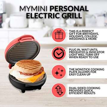 Nostalgia MyMini Personal Electric Grill, 5-Inch, Hamburgers, Veggie Burgers, Chicken, Steak, Bacon, Breakfast Sandwiches, Coral