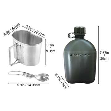 BeGrit Military Canteen Army Canteen WWII US G.I. Style Canteen Kit with Aluminum Cup Stainless Steel Foldable Spoon Fork for Hiking Backpacking Camping, 1 Quart Green