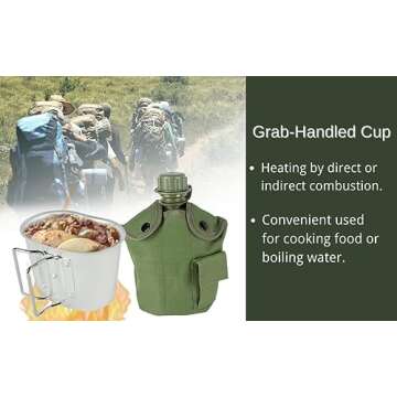 BeGrit Military Canteen Army Canteen WWII US G.I. Style Canteen Kit with Aluminum Cup Stainless Steel Foldable Spoon Fork for Hiking Backpacking Camping, 1 Quart Green