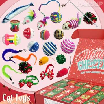 Christmas Cat Toy Advent Calendar 2024 - Christmas Holiday Gift Toys for Cat Lovers, 24 Boxes Catnip Toys, Mice, Cat Feather Teaser and Ball Bells Countdown Calendar to Christmas