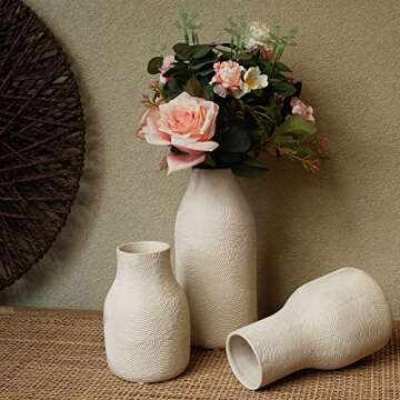 Banllis Ceramic Vases for Home Decor - Matte White Textured Vase Set of 3, Decorative Vases for Flowers, Pampas Grass Arrangement, Table Centerpieces, Office and Living Room Boho Decor