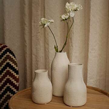 Banllis Ceramic Vases for Home Decor - Matte White Textured Vase Set of 3, Decorative Vases for Flowers, Pampas Grass Arrangement, Table Centerpieces, Office and Living Room Boho Decor