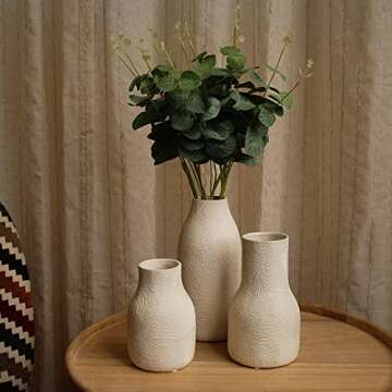 Banllis Ceramic Vases for Home Decor - Matte White Textured Vase Set of 3, Decorative Vases for Flowers, Pampas Grass Arrangement, Table Centerpieces, Office and Living Room Boho Decor