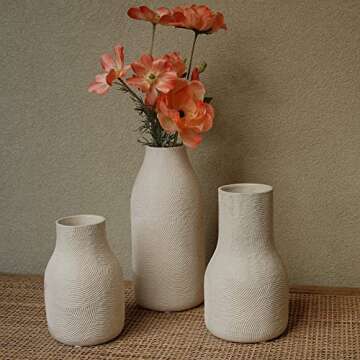 Banllis Ceramic Vases for Home Decor - Matte White Textured Vase Set of 3, Decorative Vases for Flowers, Pampas Grass Arrangement, Table Centerpieces, Office and Living Room Boho Decor