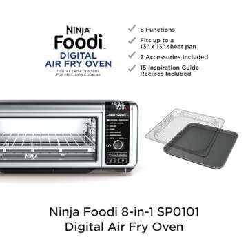 Ninja SP101 Digital Air Fry Countertop Oven with 8-in-1 Functionality, Flip Up & Away Capability for Storage Space, with Air Fry Basket, Wire Rack & Crumb Tray, Silver