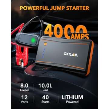 OXILAM Jump Starter, 4000A Peak Car Battery Jumper Starter Portable, Up to 10L Gas and 8L Diesel Engines, UltraSafe 12V Jumper Cables with Battery Pack, Power Bank, 600 LM LED Flashlight, Orange