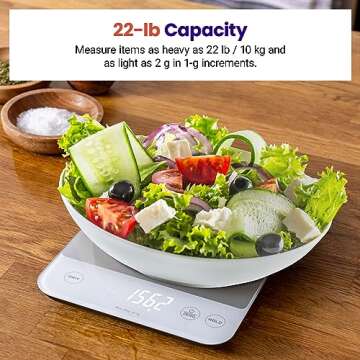 Etekcity Food Kitchen Scale, 22lb Digital Weight Scale Grams and Ounces Rechargeable Waterproof Tool for Weight Loss, Cooking, Baking, Meat, Bread, Large 0.05oz/1g Accuracy