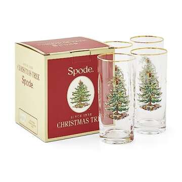 Spode Christmas Tree 15oz Highball Glasses, Set of 4 - Gold-Rimmed Elegant Holiday-Themed Glassware, Festive Holiday Drinkware for Christmas Parties, New Year’s Toasts, and Festive Occasions