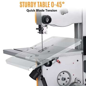 Hoteche 8-Inch Band Saw 2.0A Low Noise Two Cutting Height Table Benchtop with Fence and Miter Gauge for Woodworking, DIY Projects and Precision Cutting, Tilting Range 0-45°