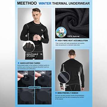 MeetHoo Men’s Thermal Underwear Set, Compression Base Layer Sports Long Johns Fleece Lined Winter Gear Running Skiing, Black, Medium