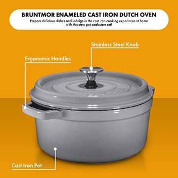 Bruntmor Pre-Seasoned 6.5 qt Enameled Cast Iron Round Dutch Oven, 6.5 Quart Dutch Ovens Pot With Lid And Handle, Heavy Duty Casserole Dish, Hand Wash Only, Grey