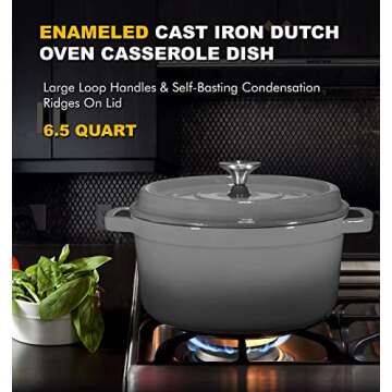 Bruntmor Pre-Seasoned 6.5 qt Enameled Cast Iron Round Dutch Oven, 6.5 Quart Dutch Ovens Pot With Lid And Handle, Heavy Duty Casserole Dish, Hand Wash Only, Grey