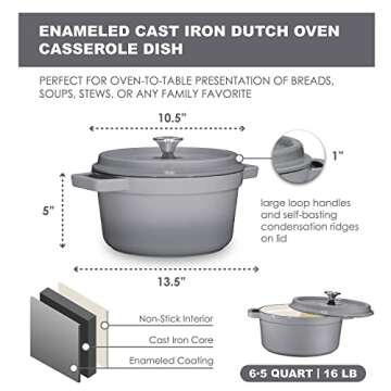 Bruntmor Pre-Seasoned 6.5 qt Enameled Cast Iron Round Dutch Oven, 6.5 Quart Dutch Ovens Pot With Lid And Handle, Heavy Duty Casserole Dish, Hand Wash Only, Grey