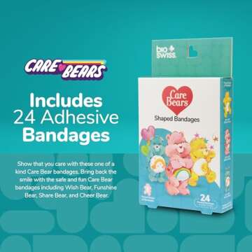 BioSwiss Care Bears Bandages, Classic Care Bear Shaped Self Adhesive Bandage, Latex Free Sterile Wound Care, Fun First Aid Kit Supplies for Kids, 24 Count