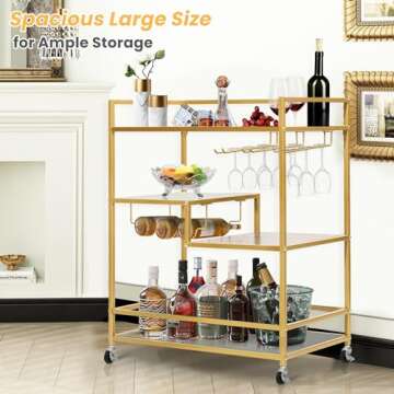 SULIVES Gold Bar Carts with 4 Tier Shelves, Rolling Serving Bar Cart with Wine Rack and Tempered Glass Holder, Home Bar Carts & Wine Carts on Lockable Wheels for Kitchen, Party,Dining Room