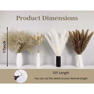 Pampas Grass Boho Home Decor, Premium Carefully Hand-Picked Natural Dried Fluffy Pompas Grass 17", White & Brown Pampas Grass, Reed, Bunny Tails for Flower Arrangements Boho Wedding Home Décor