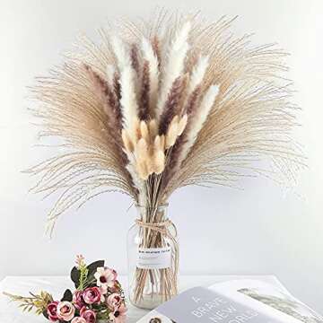 Pampas Grass Boho Home Decor, Premium Carefully Hand-Picked Natural Dried Fluffy Pompas Grass 17", White & Brown Pampas Grass, Reed, Bunny Tails for Flower Arrangements Boho Wedding Home Décor