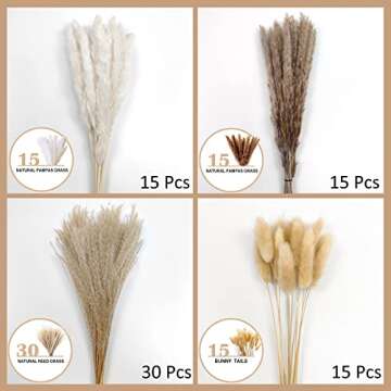 Pampas Grass Boho Home Decor, Premium Carefully Hand-Picked Natural Dried Fluffy Pompas Grass 17", White & Brown Pampas Grass, Reed, Bunny Tails for Flower Arrangements Boho Wedding Home Décor