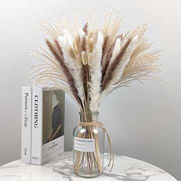 Pampas Grass Boho Home Decor, Premium Carefully Hand-Picked Natural Dried Fluffy Pompas Grass 17", White & Brown Pampas Grass, Reed, Bunny Tails for Flower Arrangements Boho Wedding Home Décor