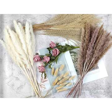 Pampas Grass Boho Home Decor, Premium Carefully Hand-Picked Natural Dried Fluffy Pompas Grass 17", White & Brown Pampas Grass, Reed, Bunny Tails for Flower Arrangements Boho Wedding Home Décor