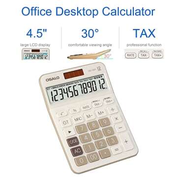 Pendancy 12 Digit Office Calculator Desktop with Tax+/- for Advanced Tax Calculation, Large LCD Display Big Buttons, Dual Power Durable Portable Design, for Financial Accounting Business Use